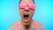 Loop video. GIF art design. Stylish freak in pink glasses shouts wow.