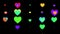 Loopable animation moves multicolored as heart icons on a black background.