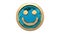 Looped animation: 3d golden smile face emoticon against the spinning light-blue earth-globe rendered on white background.