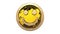 Looped animation: 3d golden smile face emoticon against the spinning yellow-orange earth-globe rendered on white background.