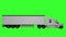 A looped animation of a white truck with a trailer on a green background. Side view