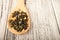 Loose tea in a wooden spoon close-up. Macro tea on a spoon on a textural wooden white table and copy space. Top view