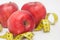 Loose Weigh. Three Red Apple with Measure Tape for , in the Middle of Image, diet and fitness with copy space .