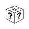 Loot box icon. Square cube outline box with question marks. Surprise gift symbol.