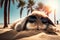 Lop-eared rabbit in sunglasses enjoys the sun on the beach. Easter holiday concept. Created with Generative AI