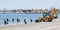 Lopagan, Murcia, Spain, May 20, 2020: Retired volunteer seniors clean the Mar Menor, the Europe\'s biggest salt water lagoon