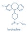 Loratadine antihistamine drug molecule. Used to treat hay fever, urticaria and allergies. Skeletal formula.