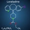 Loratadine C22H23ClN2O2 molecule. It is antihistamine, is used to treat allergies. Structural chemical formula on the dark blue