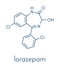 Lorazepam sedative and hypnotic drug benzodiazepine class molecule. Skeletal formula.