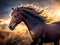 Lordly horse with waving mane in the backlight, ai generated