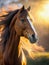 Lordly horse with waving mane in the backlight, ai generated