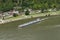 Loreley, Germany - 25 July 2021. A large tanker ship sailing in Germany on the Rhine River. Transportation of oil, gas and gasolin