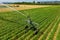 Loriol sur Drome, France - August 2022: Aerial view by a drone of a field being irrigated by powerful irrigation system.