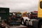 Lorry truck yard with many assorted makes parked up. Norfolk, UK - October 4th 2020