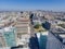 Los Angeles, CA, LA County, April 3, 2021: Aerial View of Wilshire Blvd with Downtown LA from Vermont Ave LA Korea Town