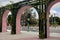 LOS ANGELES, CALIFORNIA - 18 AUG 2021:  Arches at LA Plaza Paseo Walkway. The block-long pathway between the LA Plaza museum and