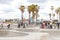 LOS ANGELES, CALIFORNIA, USA - May 11, 2019: Concrete ramps and palm trees at the popular Venice beach skateboard park