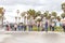 LOS ANGELES, CALIFORNIA, USA - May 11, 2019: Concrete ramps and palm trees at the popular Venice beach skateboard park