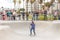 LOS ANGELES, CALIFORNIA, USA - May 11, 2019: Concrete ramps and palm trees at the popular Venice beach skateboard park