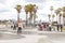 LOS ANGELES, CALIFORNIA, USA - May 11, 2019: Concrete ramps and palm trees at the popular Venice beach skateboard park