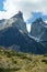 Los Cuernos in Torres del Paine with hiker, Patagonia, Chile