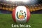 Los Incas on Peru language on football team ball on big stadium background. 3d rendering. Peru Team competition concept. Peru flag