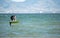 Los Narejos, Spain, May 20, 2020: Sportsman practicing hydrofiol kite surf during phase 1 of de-escalation of Covid-19 at Spanish