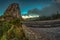 Los roques and famous Agando rock - cult place near Garajonay national park at La Gomera. Old volcanic mountain peaks. Thickets of