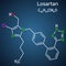 Losartan molecule. It is drug, used to treat hypertension, diabetic kidney disease, heart failure. Structural chemical formula on