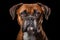 lose-up portrait of Boxer dog looking at camera isolated on black background