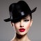 Ð¡lose-up portrait of a woman in a black hat  with red lips