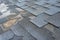 Ð¡lose up view of asphalt shingles roof damage that needs repair.