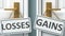 Losses or gains as a choice in life - pictured as words Losses, gains on doors to show that Losses and gains are different options