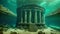 Lost civilization of Atlantis deep in the ocean. Underwater ruins. Magic blue ocean with ancient antique ruins, deep sea