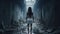 Lost girl stands alone at dark spooky alley or corridor, back view of young woman in grungy scary place. Female person like in