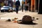 lost hat on a crowded sidewalk