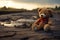 Lost innocence Lonely broken bear toy on a sad background