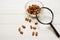 A lot of almonds in glass containers, on a light wooden background.