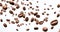 A lot of coffee beens flying, isolated on a white background
