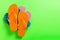 A lot of colored flip flops on green background. Top view with copy space