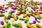 A lot of colorful medication and pills from above. 3D rendering illustration