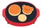 A lot of delicious delicious pancakes are baked, and a cute red and round hot plate.