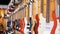 Lot of electric guitars hanging in a music store. Shop musical instruments