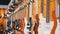 Lot of electric guitars hanging in a music store. Shop musical instruments