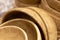A lot of empty clean organic ecology wooden bowls. Natural dish and tableware.
