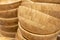 A lot of empty clean organic ecology wooden bowls. Natural dish and tableware.