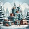 Lot of festive wrapped presents with the winter background of a forest landscape full of snow in cartoon naif style