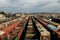 A lot of freight rail cars, a cargo distribution station. Staging post. Large parking of trains