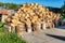 A lot of fresh stacked short birch wood logs on barbeque spot, garden. Birch logs harvested to use for grilling. Summer evening