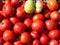 A lot of fresh tomatoes on bench at bazaar counter